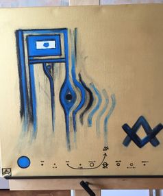 108 - blauwe symbolen op doek - categorie 4 - 50x50